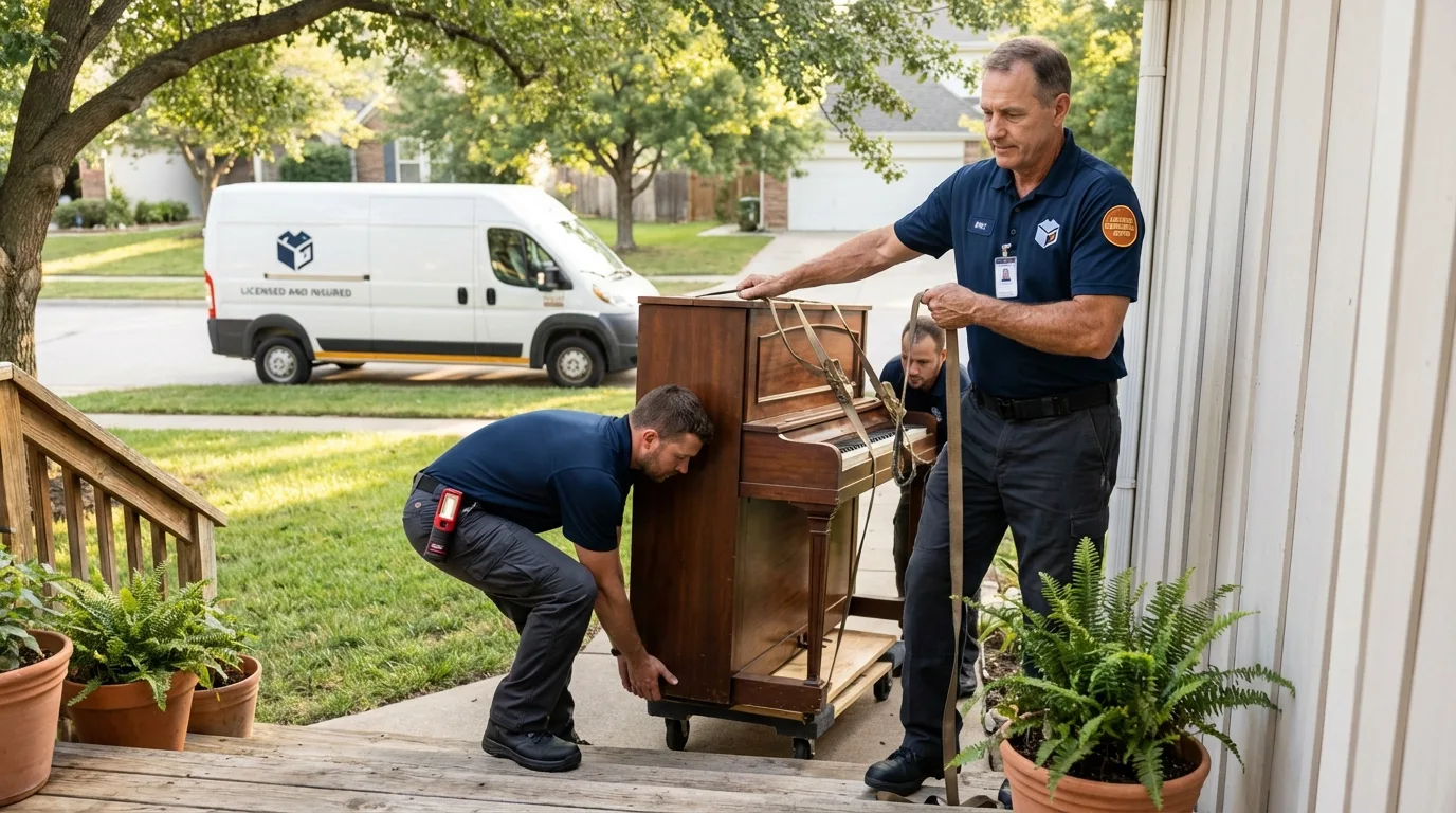 Licensed piano movers securing grand piano in Belleville, NJ
