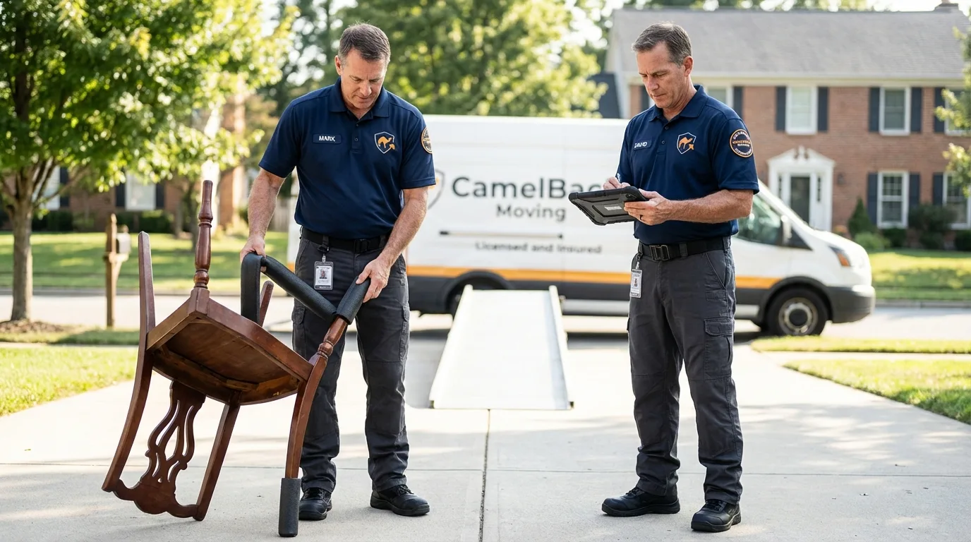 Movers inspecting furniture for damage prevention before loading in Belleville, NJ