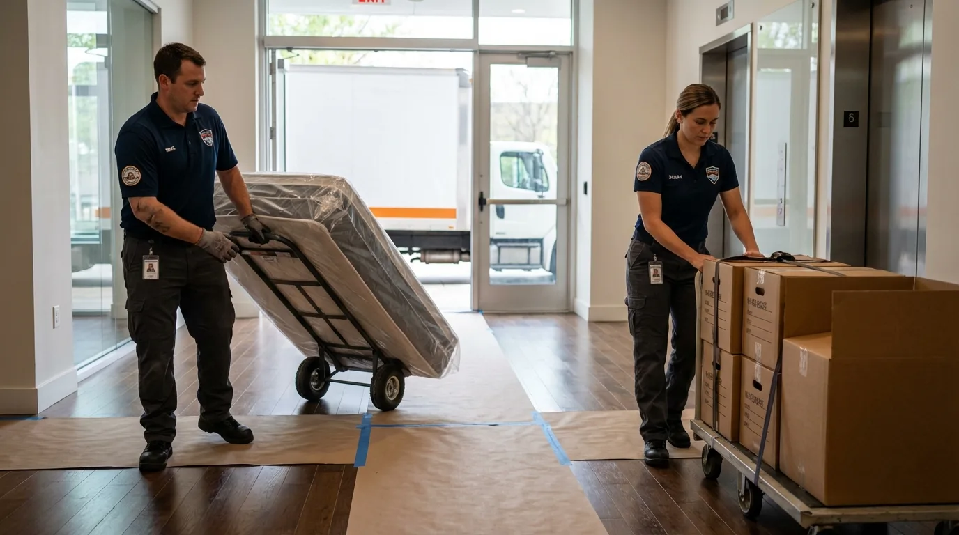 Professional apartment movers loading elevator in Belleville, NJ