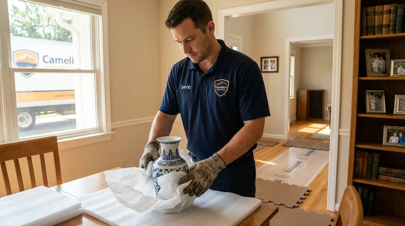 Professional crew carefully wrapping antique vase for senior downsizing move in Belleville, NJ